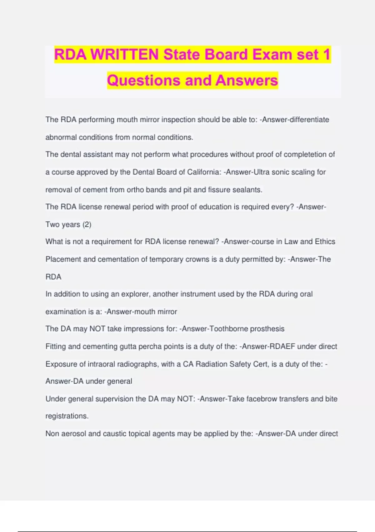 State Rda RDA WRITTEN State Board Exam set 1 Questions and Answers - RDA - Stuvia US