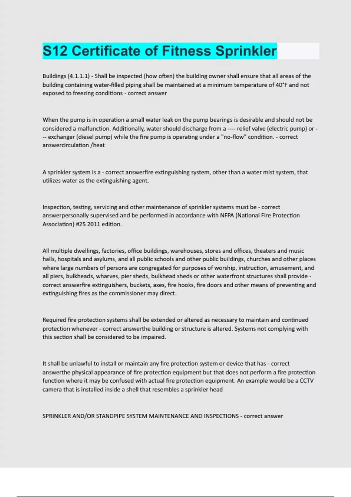 S12 Certificate of Fitness Sprinkler Questions and answers latest