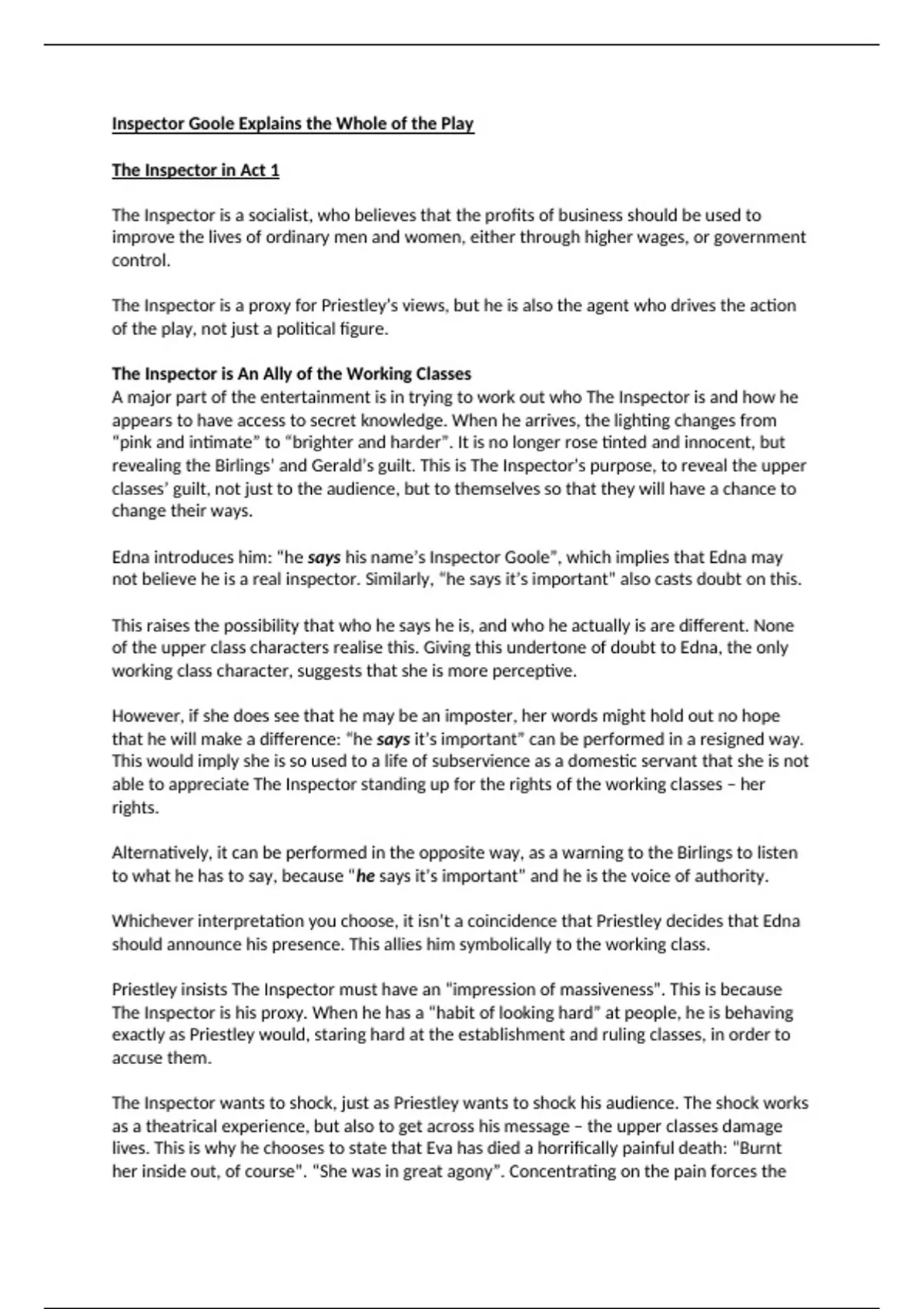 Inspector calls full analysis INSPECTOR GOOLEGRADE 9 English