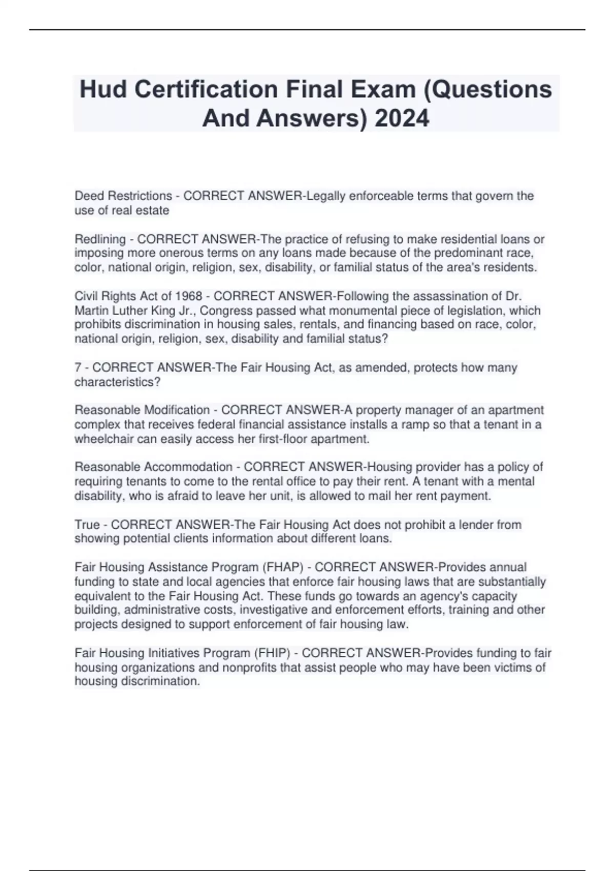 Hud Certification Final Exam (Questions And Answers) 2024 HUD Stuvia US Hud Certification Final Exam (Questions And Answers) 2024 HUD Stuvia US