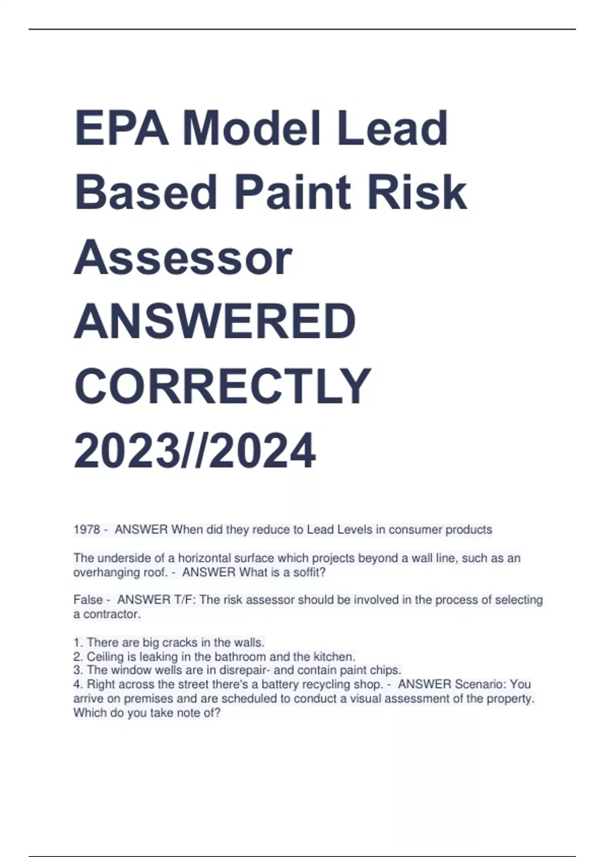 EPA Model Lead Based Paint Risk Assessor ANSWERED CORRECTLY 2023//2024