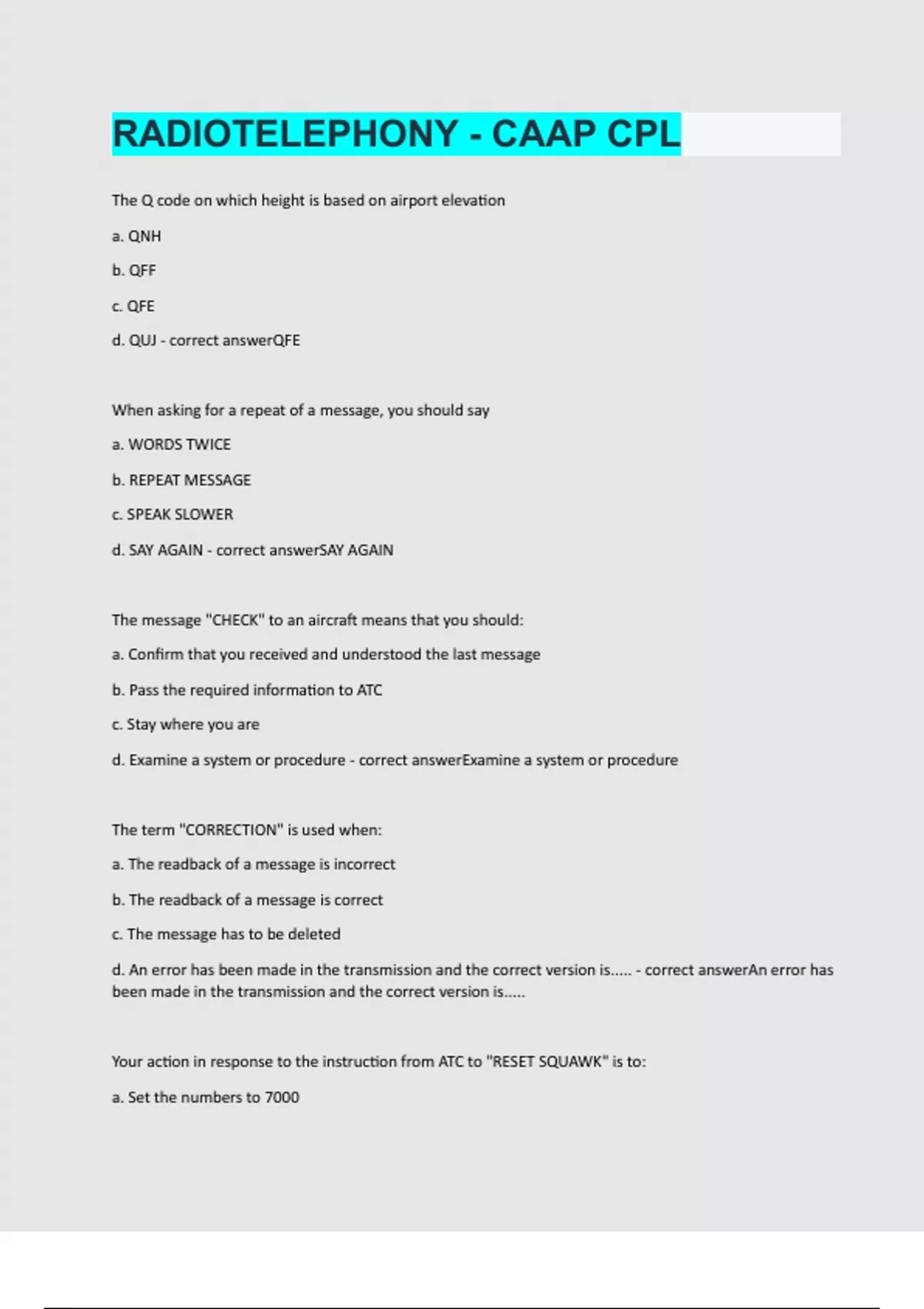 RADIOTELEPHONY CAAP CPL Questions and answers latest update Caap