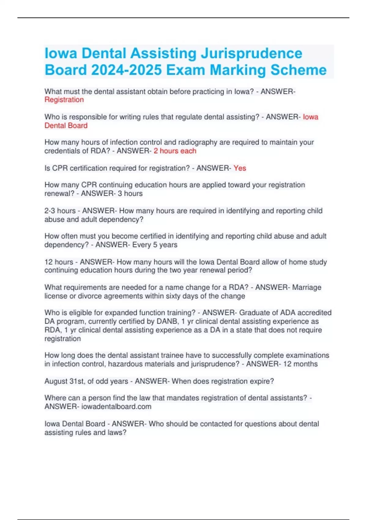 Iowa Dental Assisting Jurisprudence Board Exam Marking Scheme Iowa