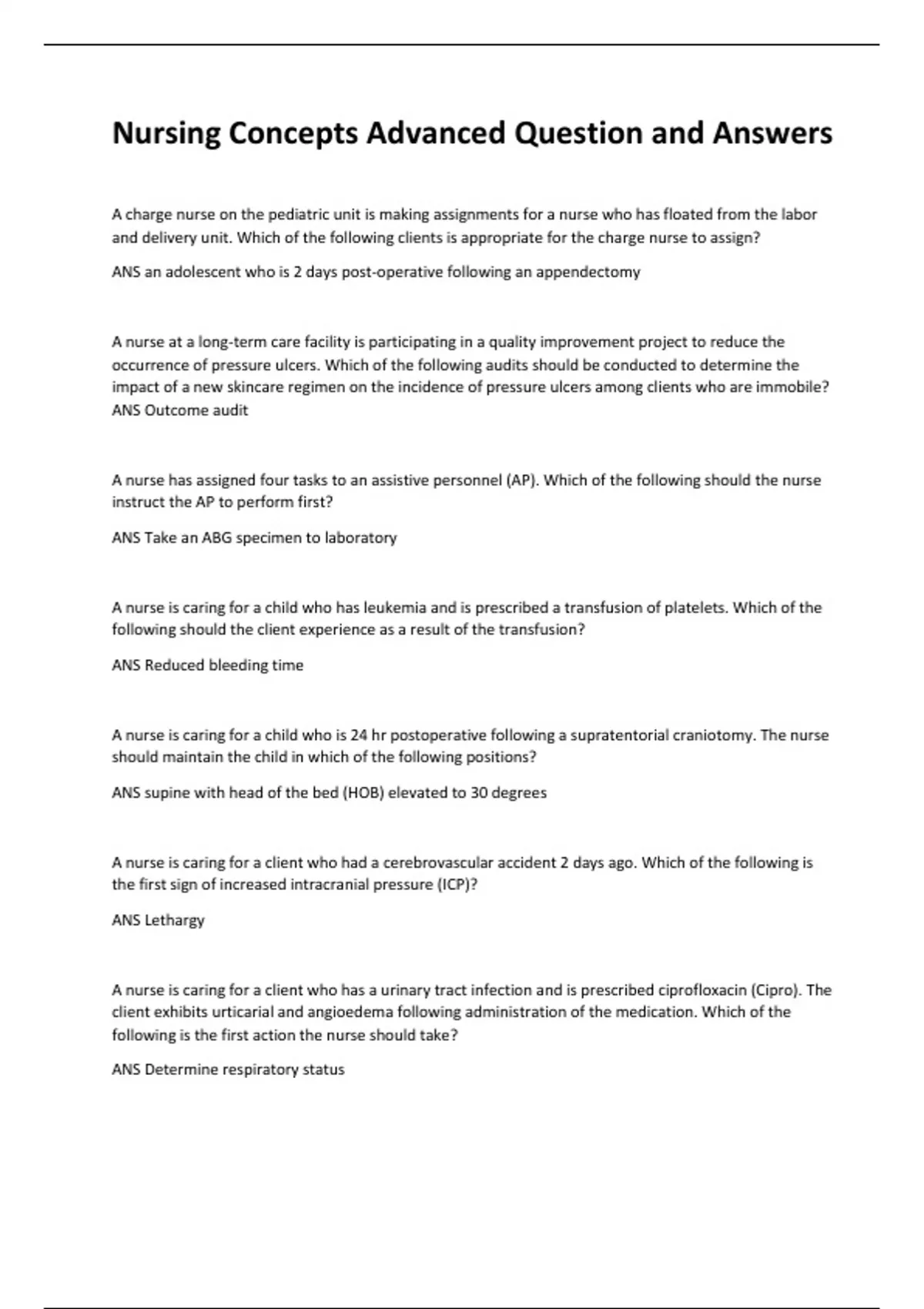 Nursing Concepts Advanced Question and Answers - Professional nursing ...