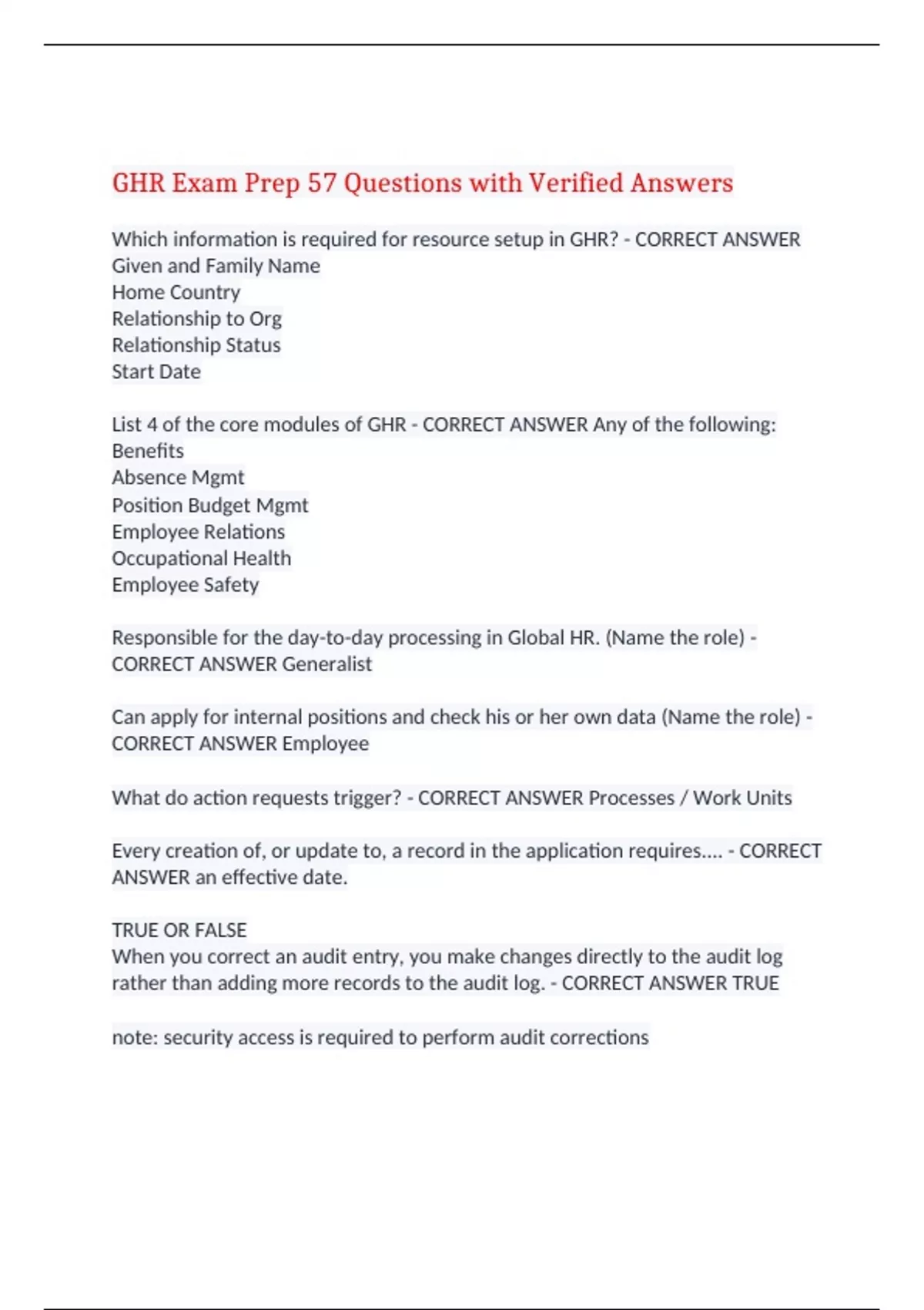 Ghl Questions GHR Exam Prep 57 Questions with Verified Answers,100% CORRECT - GHR ...