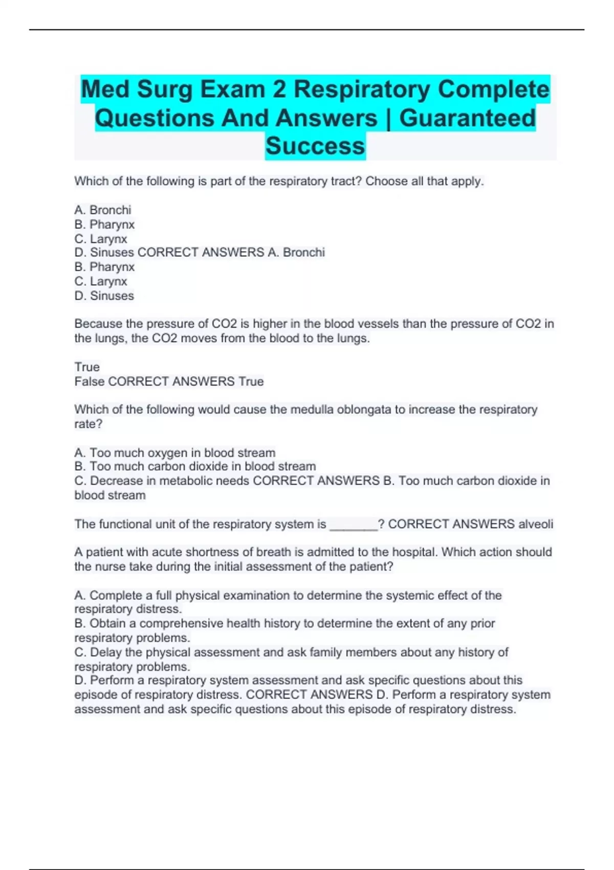 Med Surg Exam 2 Respiratory Complete Questions And Answers | Guaranteed ...