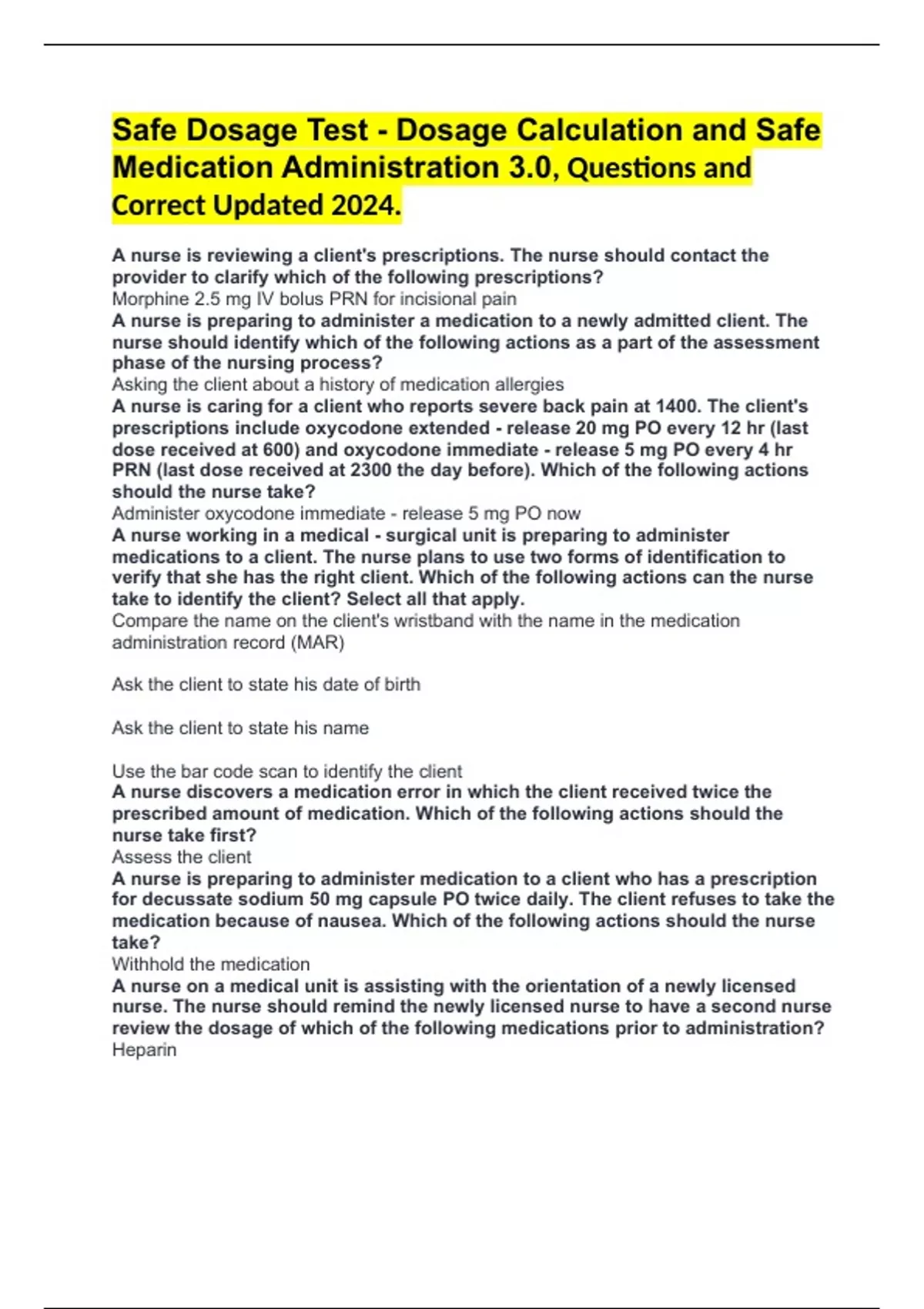 Safe Dosage Test Dosage Calculation and Safe Medication