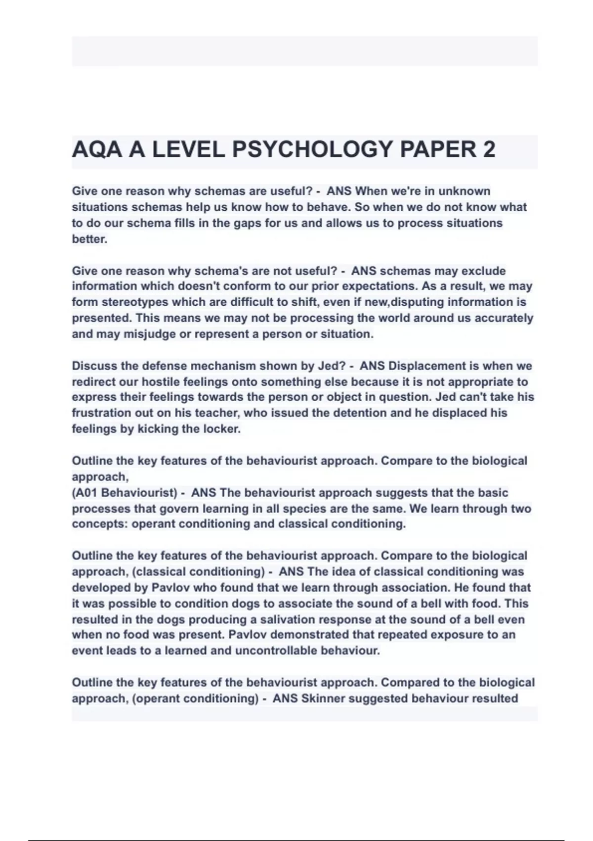 AQA A LEVEL PSYCHOLOGY PAPER 2 Exam Questions with correct Answers 2024 ...