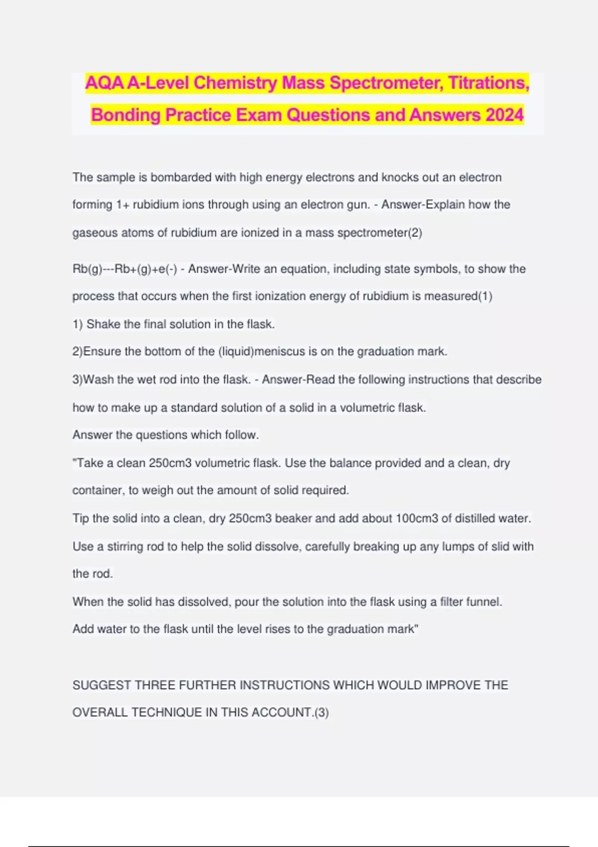 AQA ALevel Chemistry Mass Spectrometer, Titrations, Bonding Practice