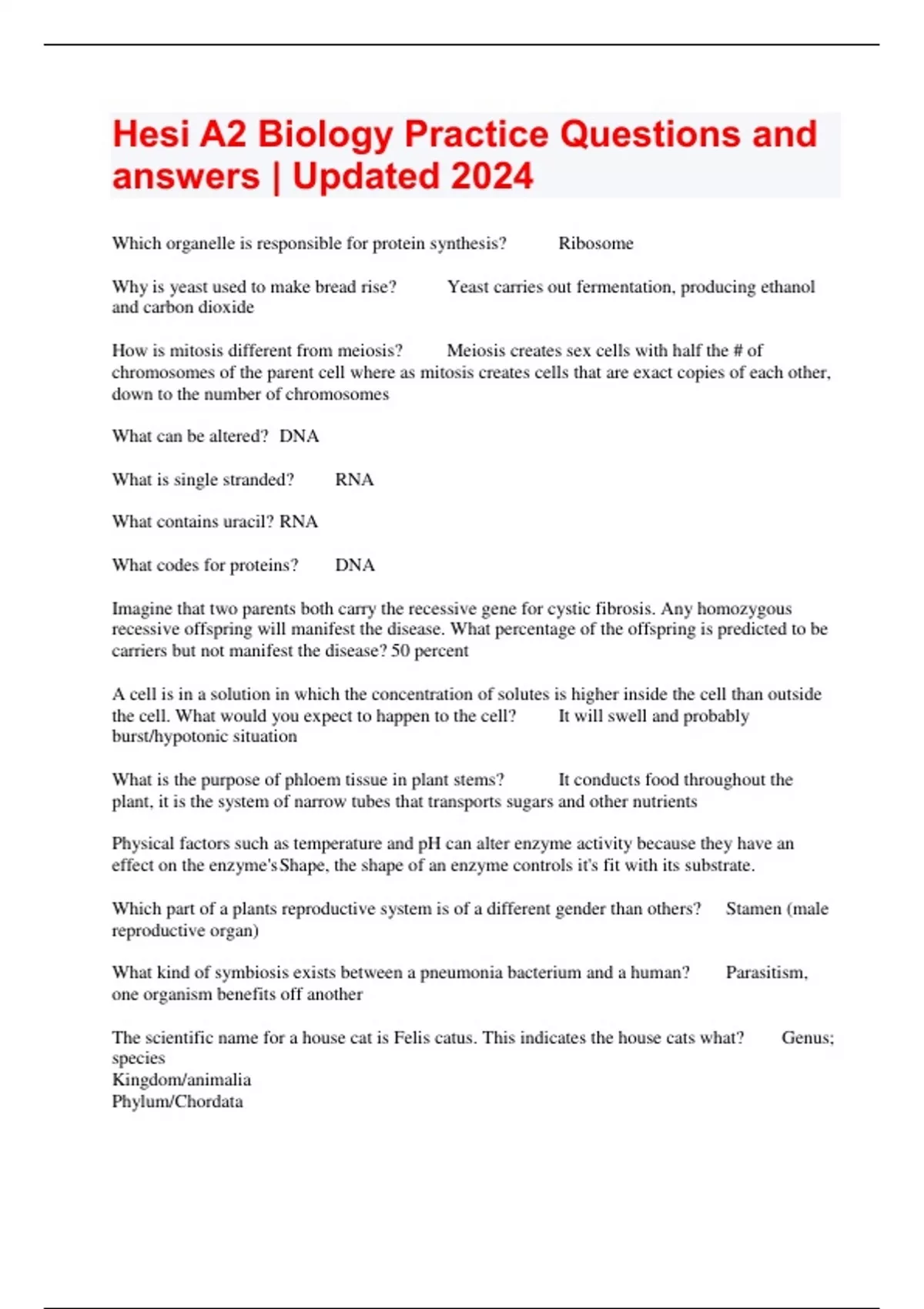 Hesi A2 Biology Practice Questions and answers | Updated 2024 - Hesi A2 ...