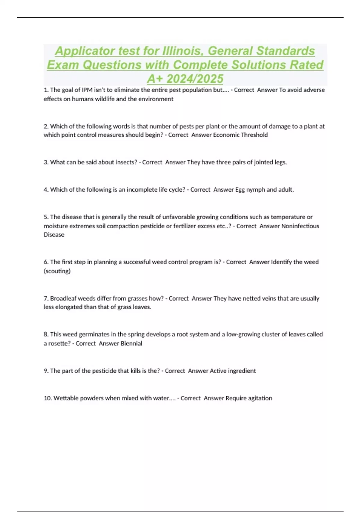 Applicator test for Illinois, General Standards Exam Questions with