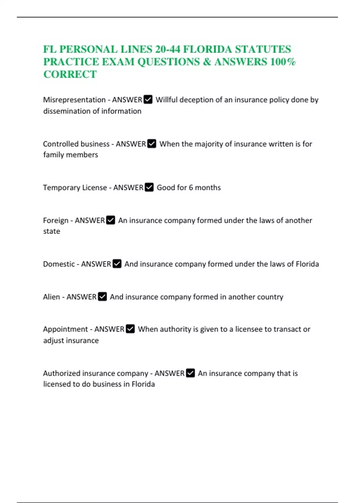 FL PERSONAL LINES 2044 FLORIDA STATUTES PRACTICE EXAM QUESTIONS