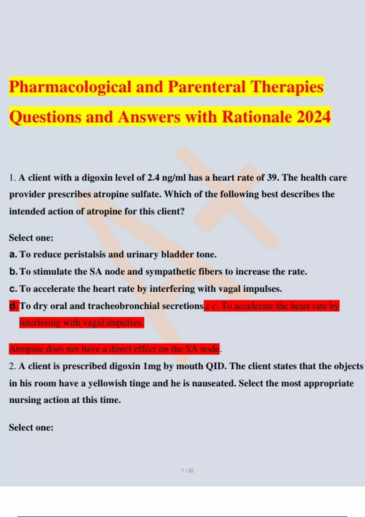 Pharmacological and Parenteral Therapies Questions and Answers with ...