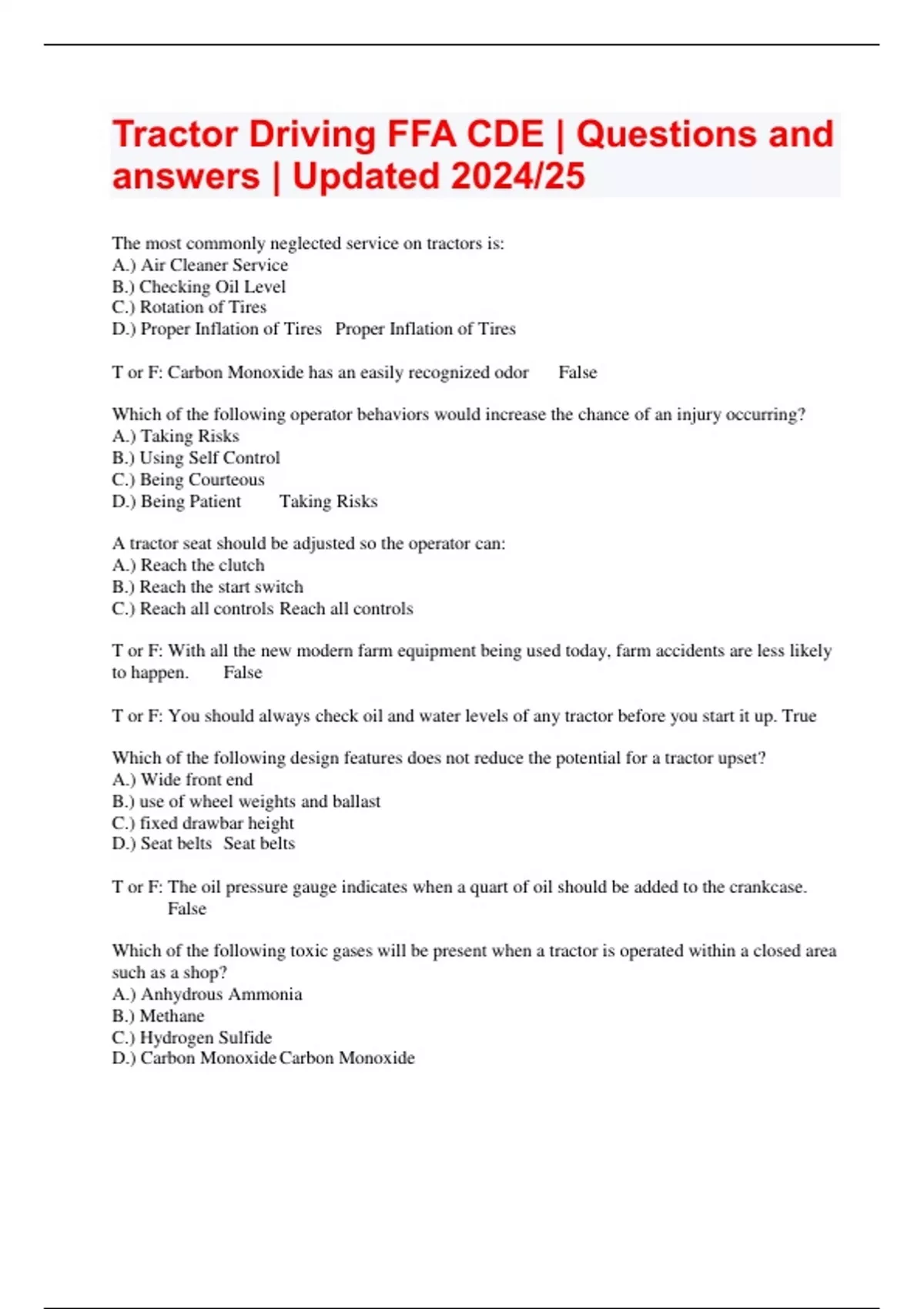 Tractor Driving FFA CDE | Questions and answers | Updated 2024/25 ...