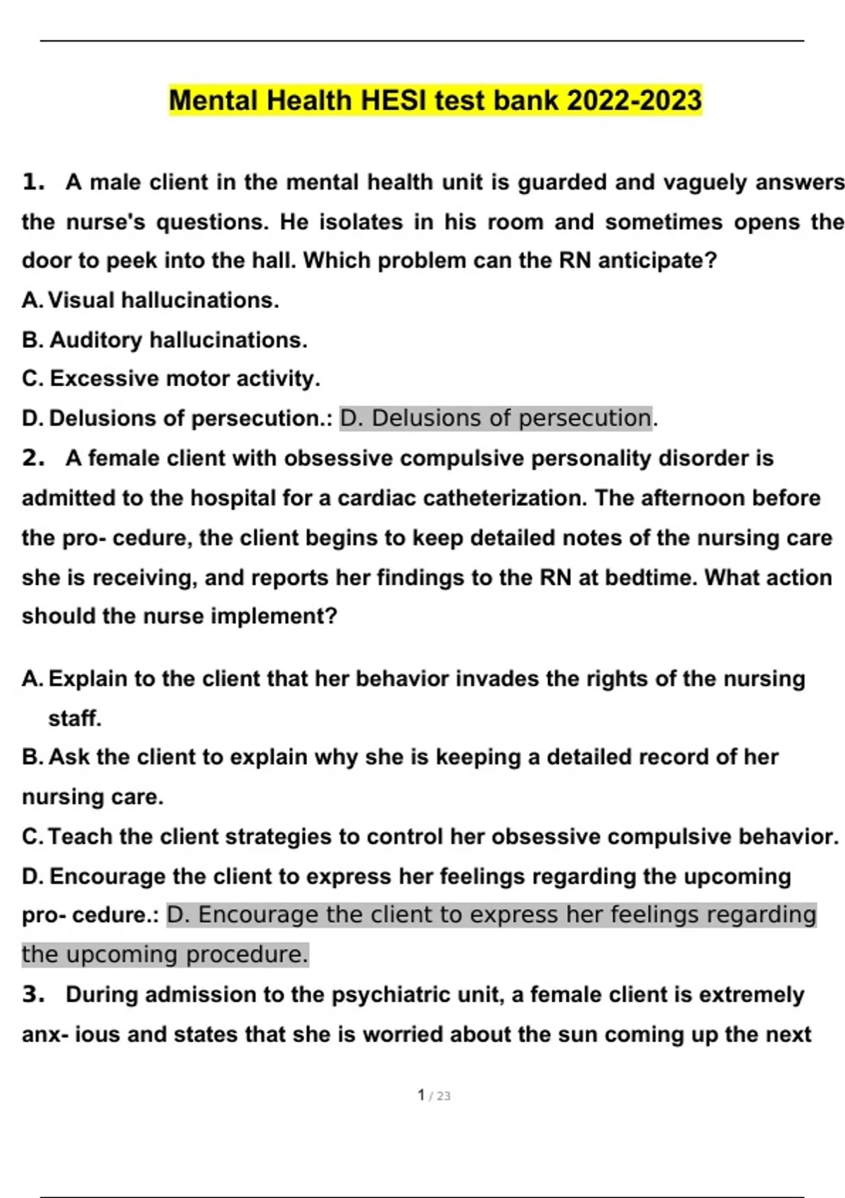 Mental Health HESI test bank Mental health Stuvia US