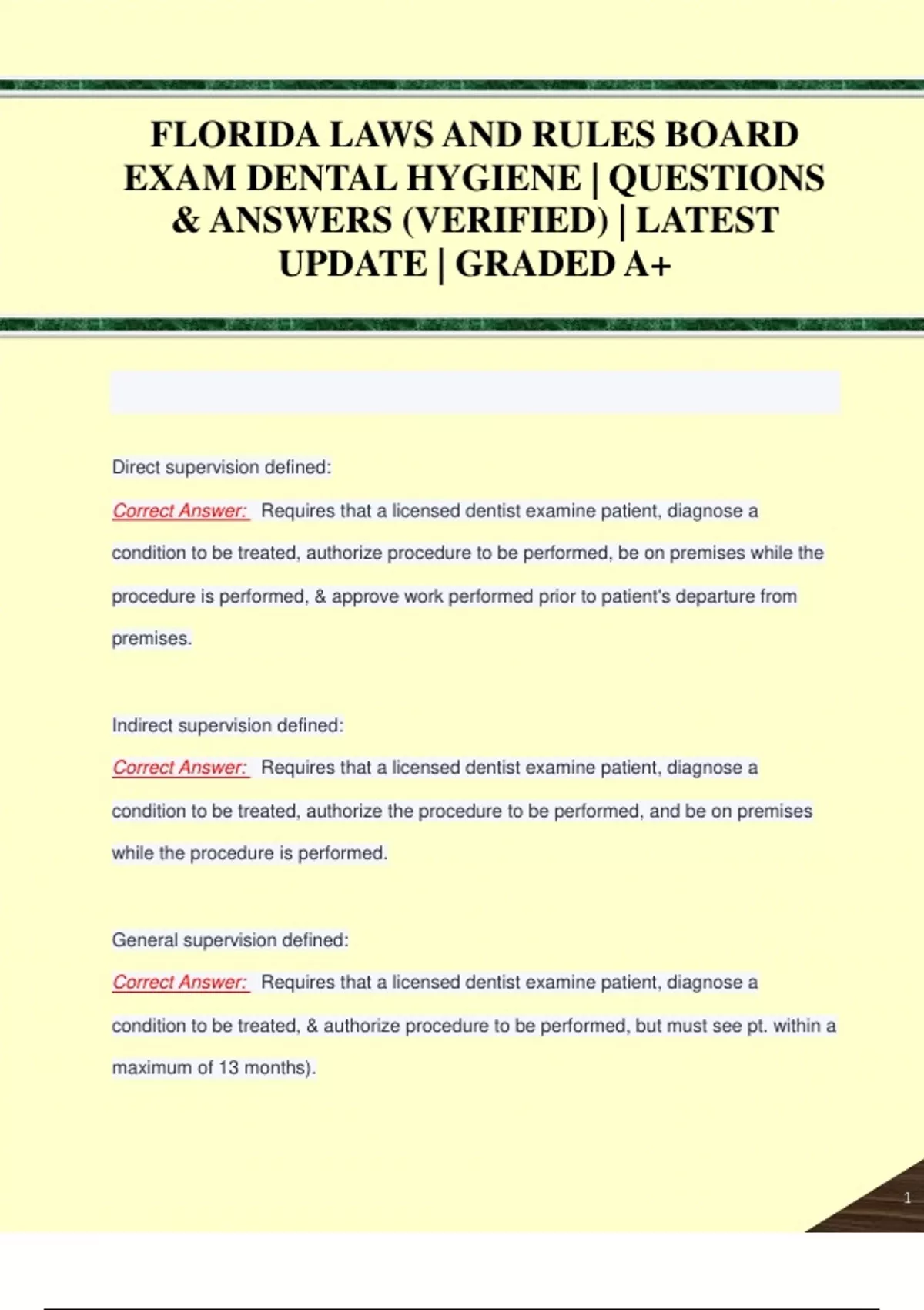 FLORIDA LAWS AND RULES BOARD EXAM DENTAL HYGIENE QUESTIONS & ANSWERS