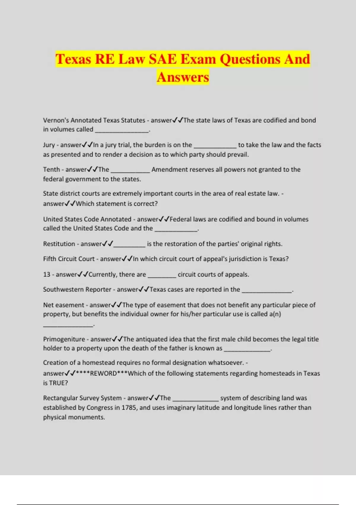 Texas RE Law SAE Exam Questions And Answers Texas SAE Real Estate