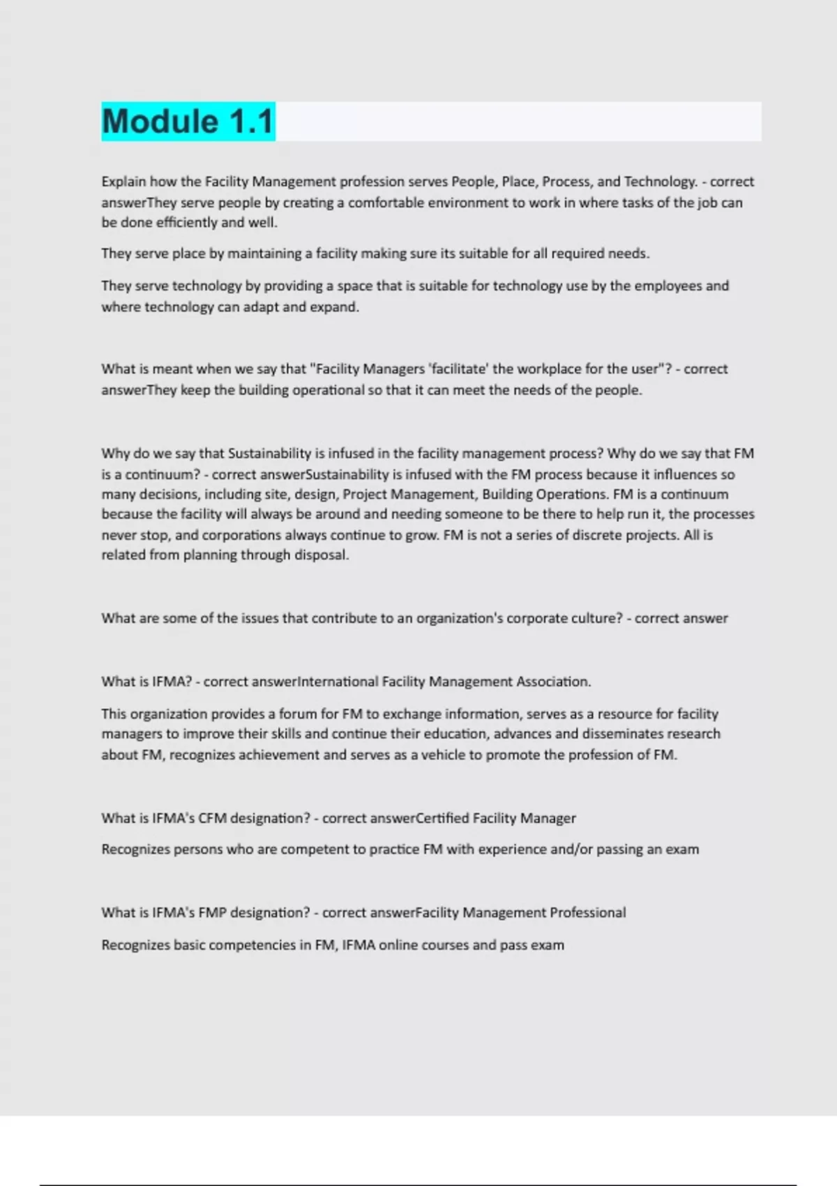 Module 1.1 Questions and answers latest update - IFMA FMP - Stuvia US