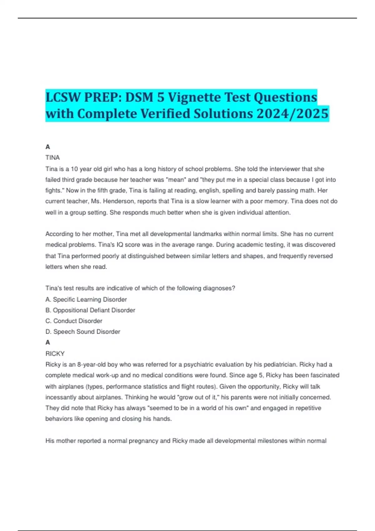 LCSW PREP: DSM 5 Vignette Test Questions with Complete Verified ...