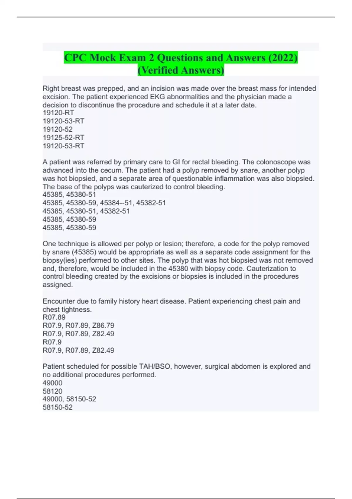 CPC Mock Exam 2 Questions and Answers (2022) (Verified Answers) CPC