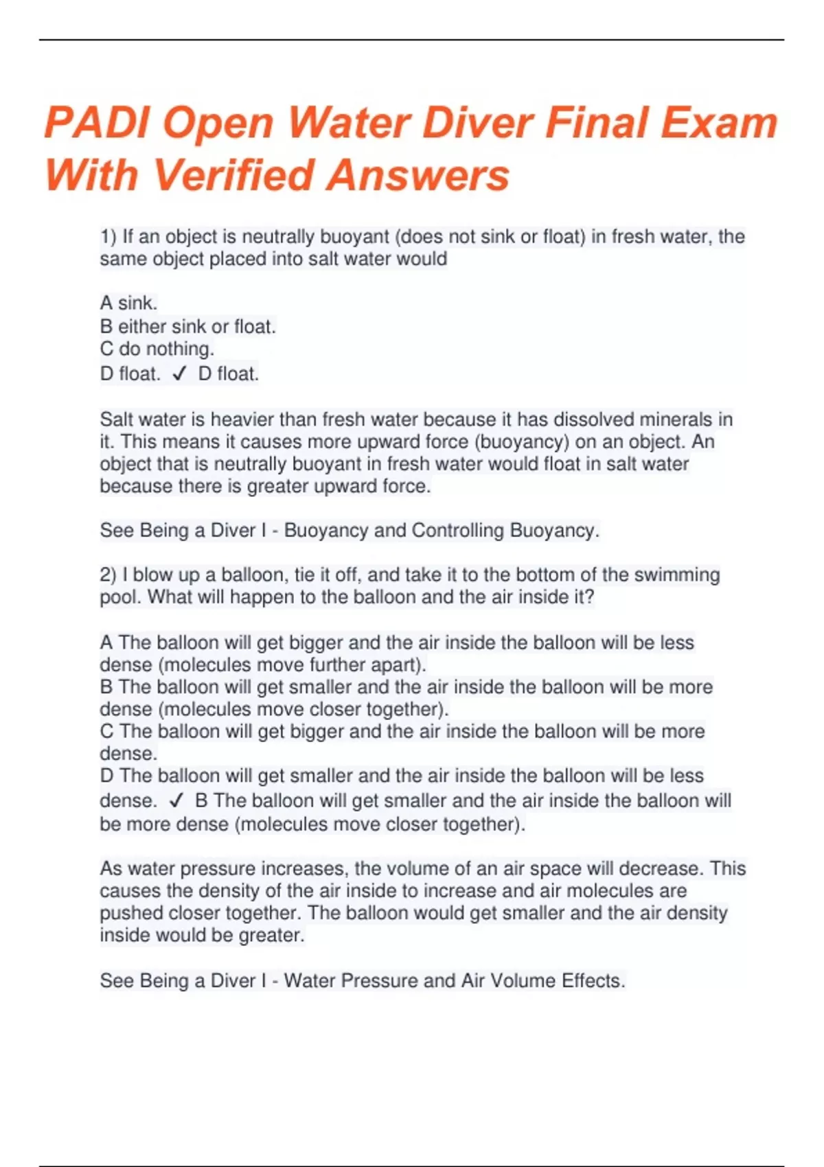 PADI Open Water Diver Final Exam Questions with Verified Answers 2024