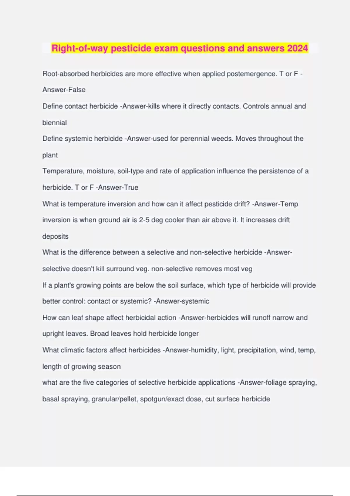 Rights of Way Pesticides Management Bundled Exams Questions and Answers