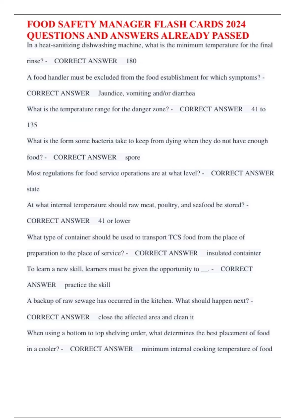 FOOD SAFETY MANAGER FLASH CARDS 2024 QUESTIONS AND ANSWERS ALREADY ...