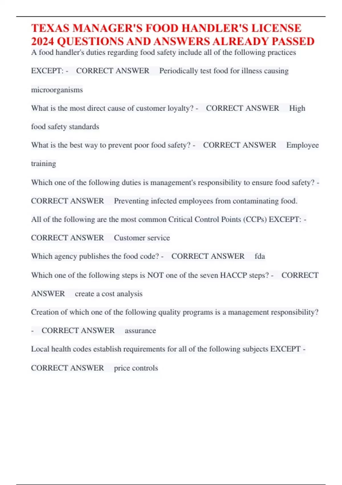 TEXAS MANAGER'S FOOD HANDLER'S LICENSE 2024 QUESTIONS AND ANSWERS