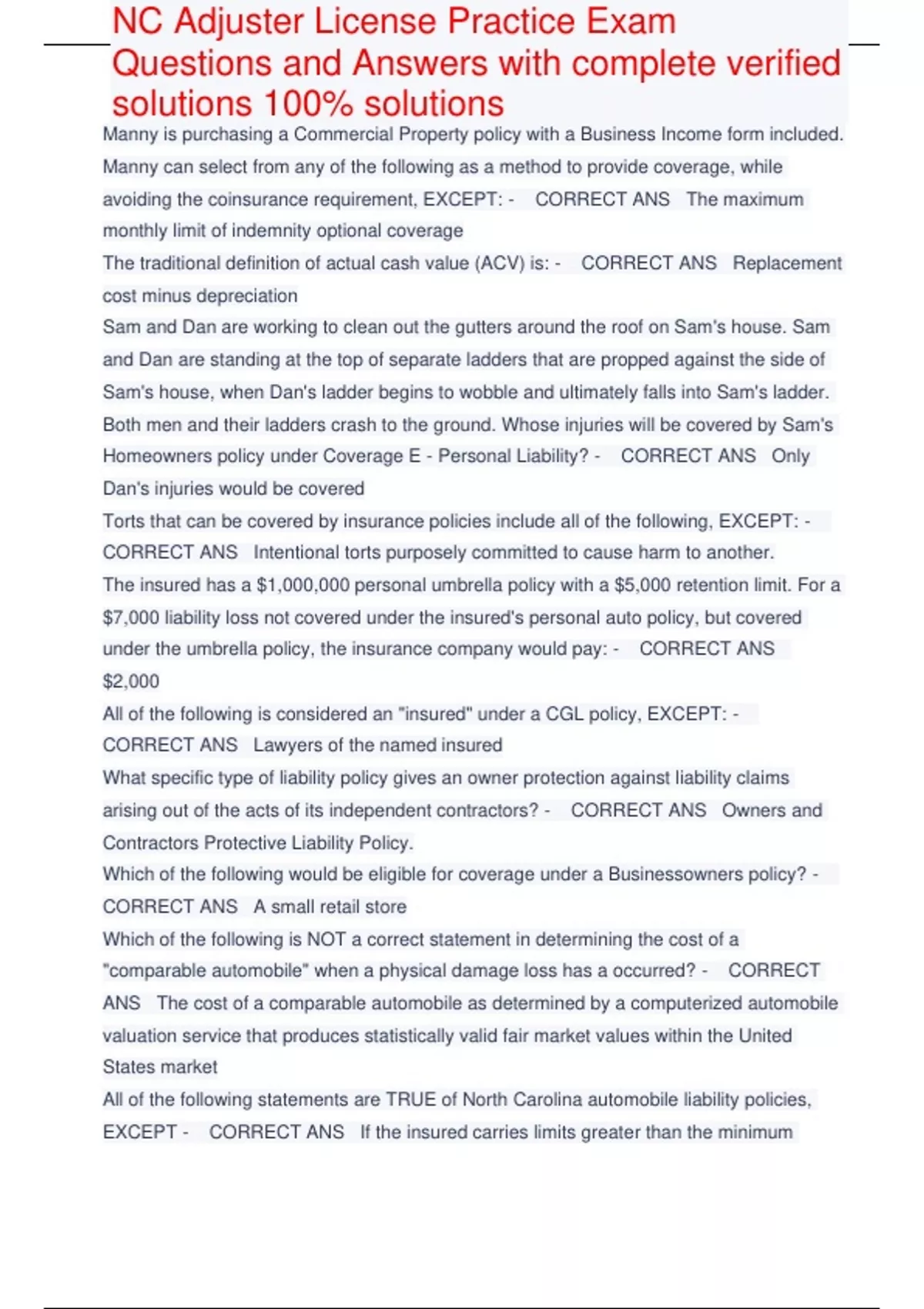 NC Adjuster License Practice Exam Questions and Answers with complete