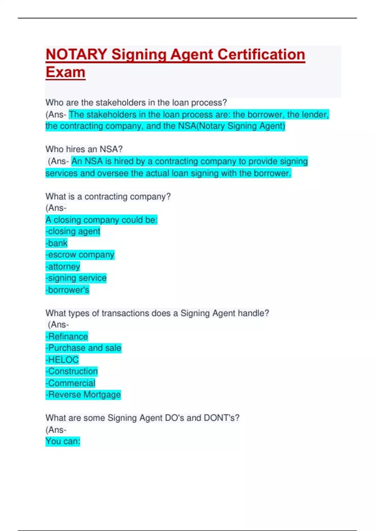 NOTARY Signing Agent Certification Exam Questions & Answers Updated