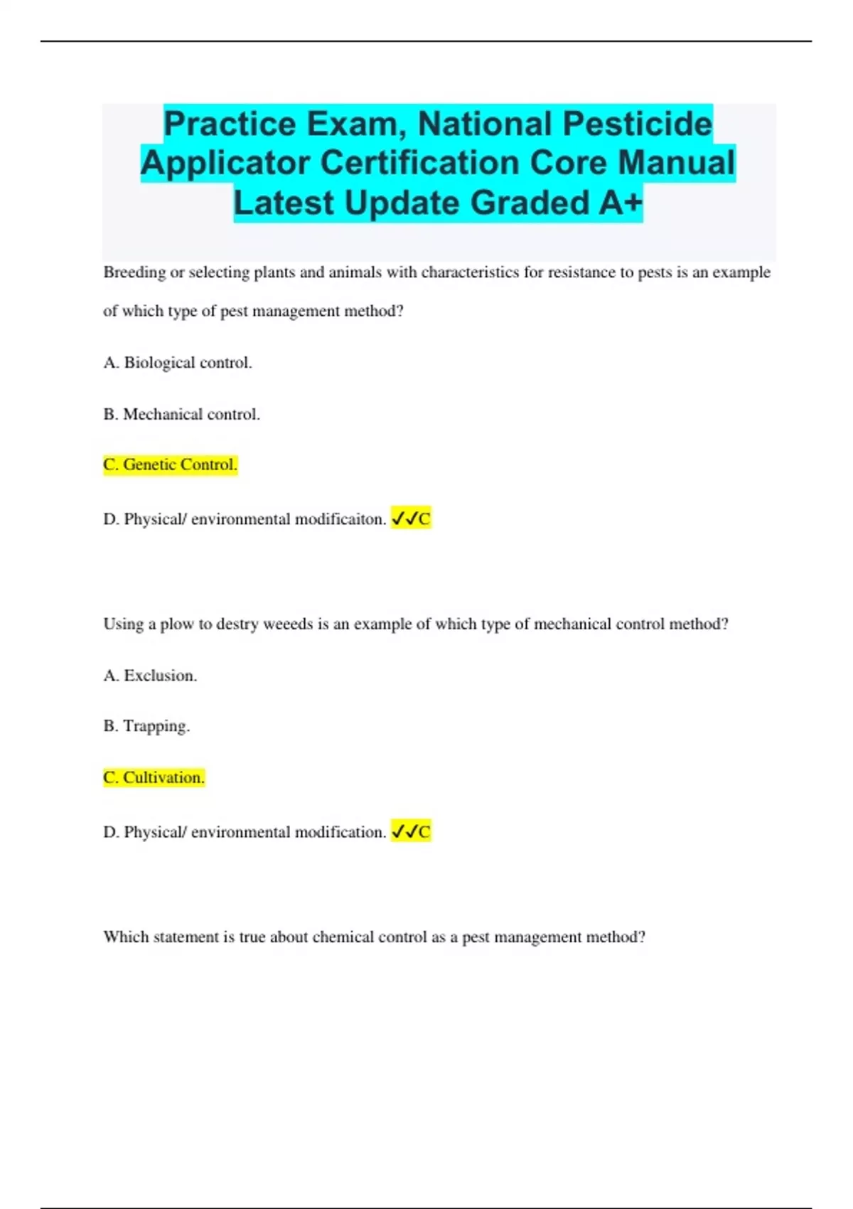 Practice Exam, National Pesticide Applicator Certification Core Manual Latest Update Graded A+