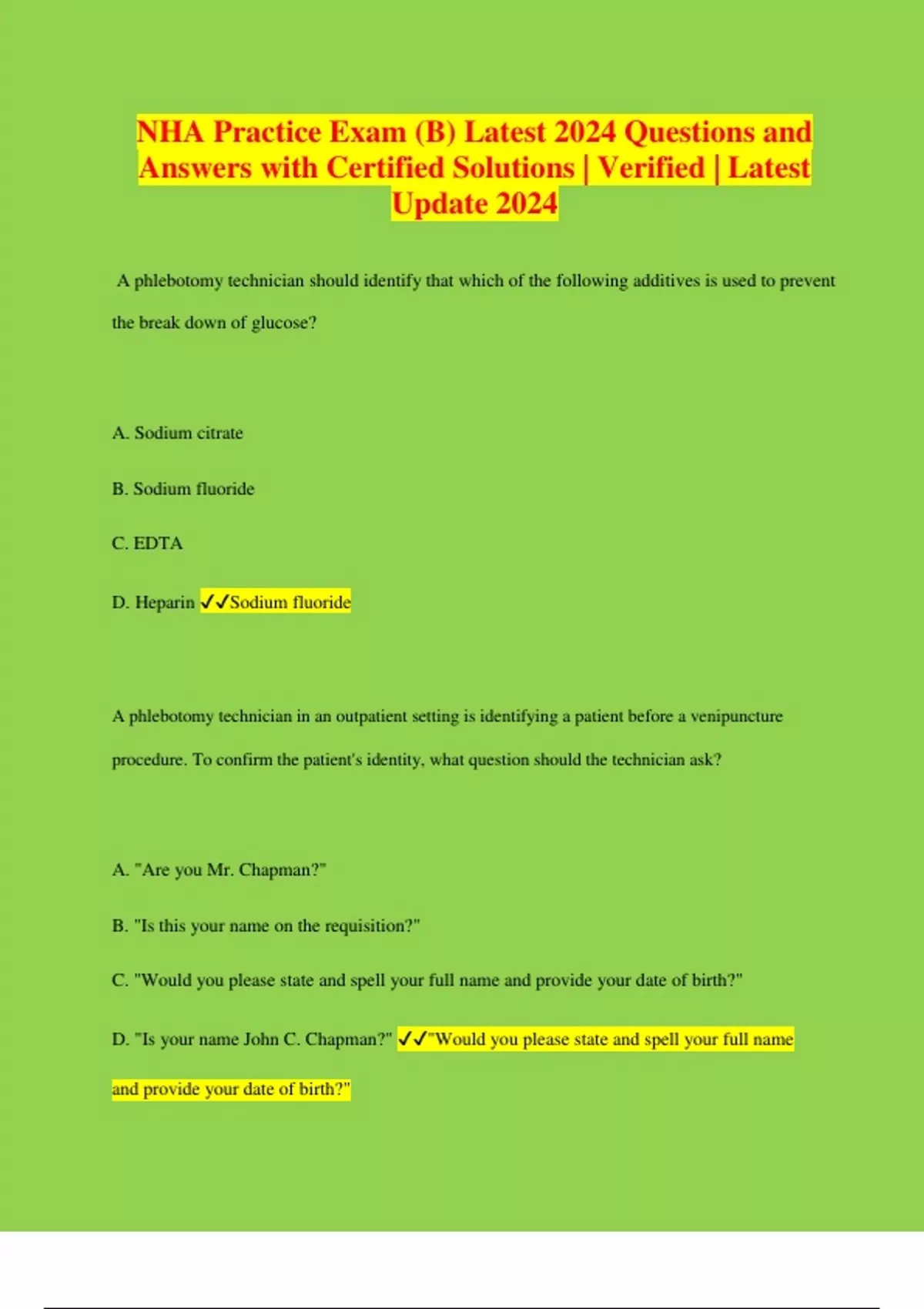 NHA Practice Exam (B) Latest 2024 Questions and Answers with Certified ...