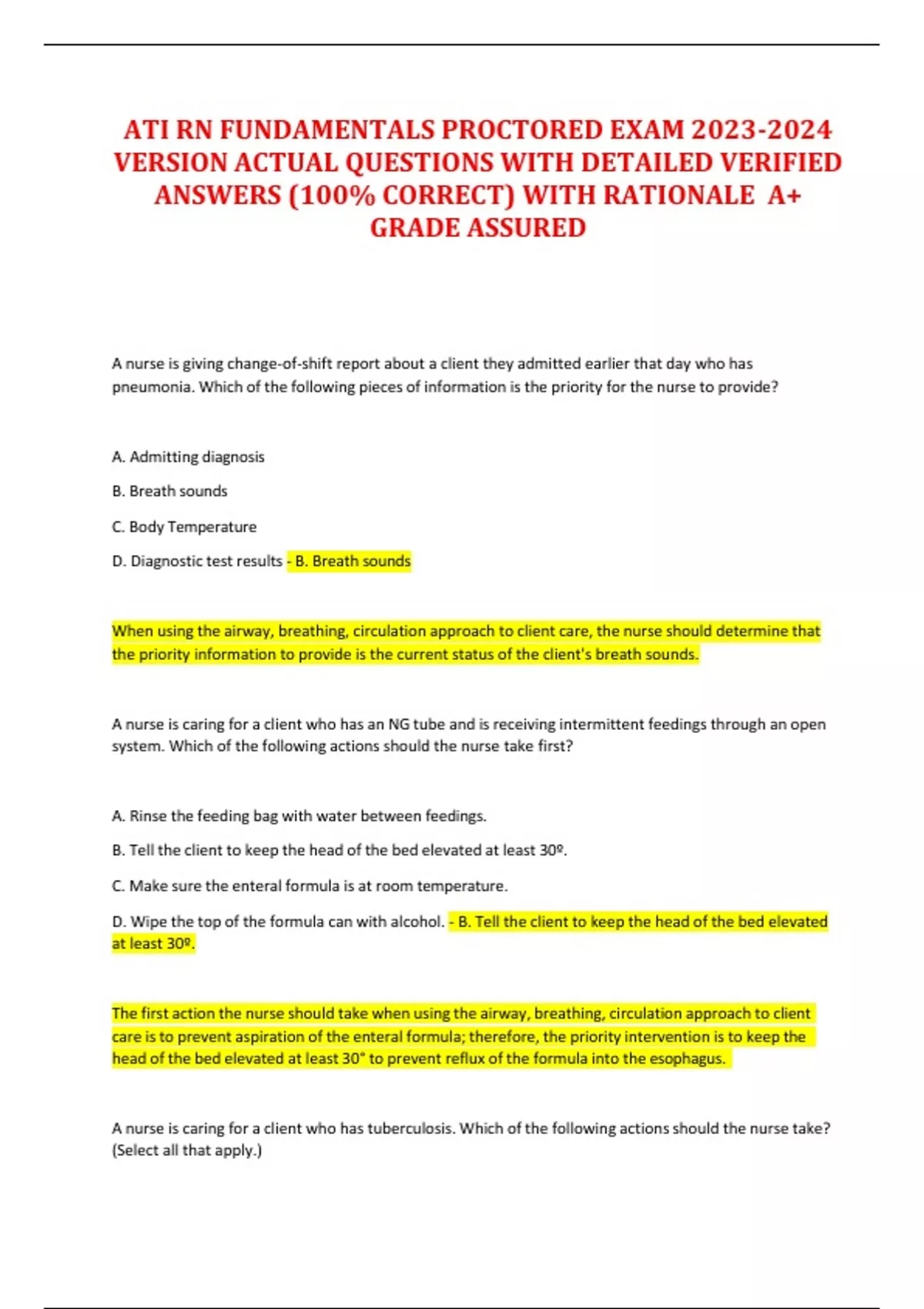 ATI RN FUNDAMENTALS PROCTORED EXAM VERSION ACTUAL QUESTIONS WITH ...