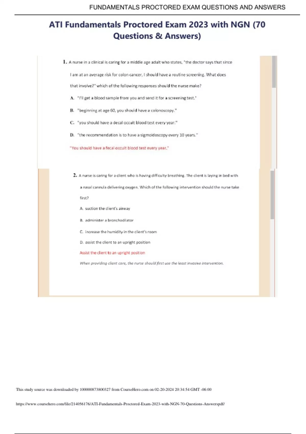 ATI Fundamentals Proctored Exam 2023 with NGN (70 Questions & Answers ...