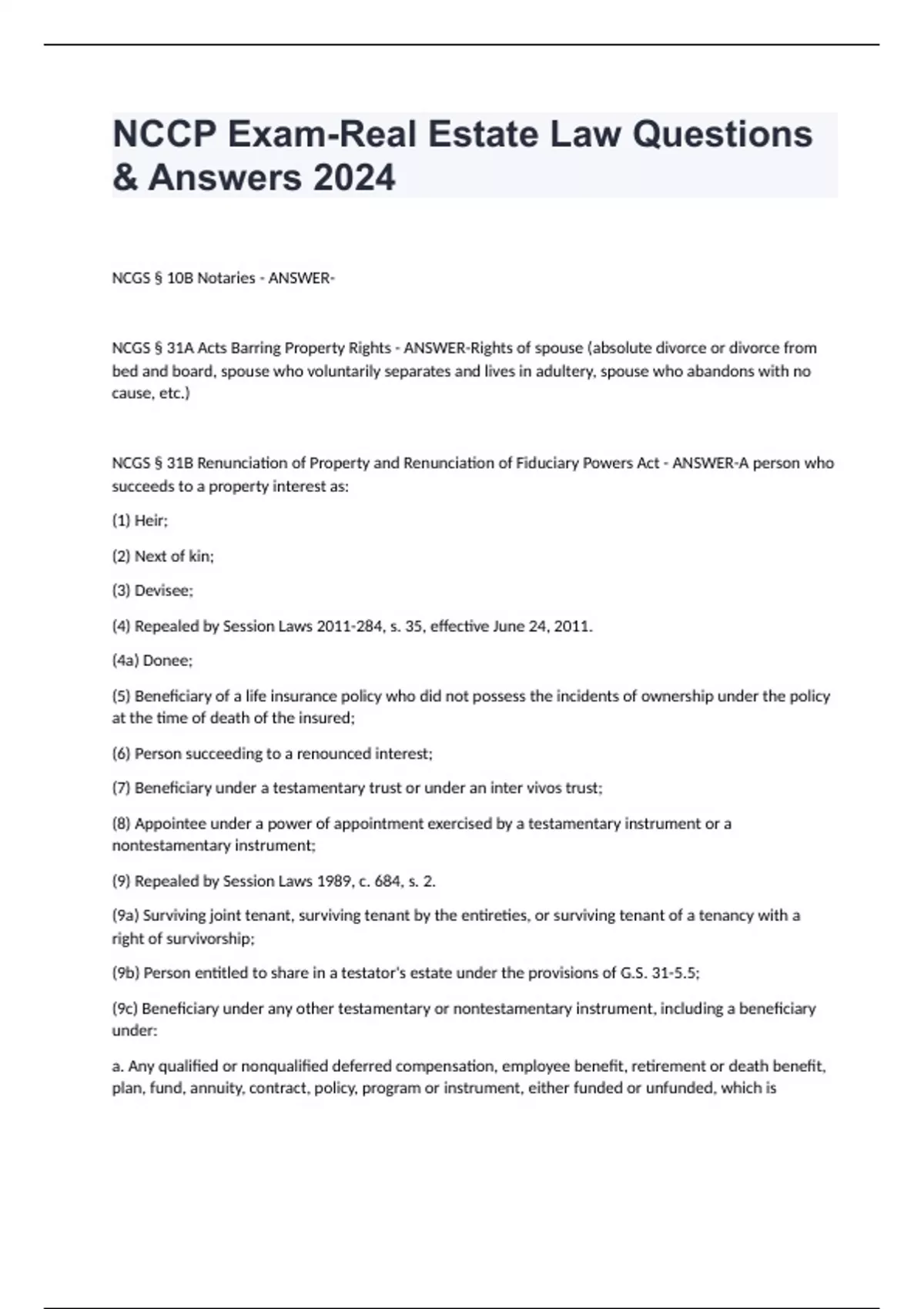 NCCP ExamReal Estate Law Questions & Answers 2024 NCCP Stuvia US