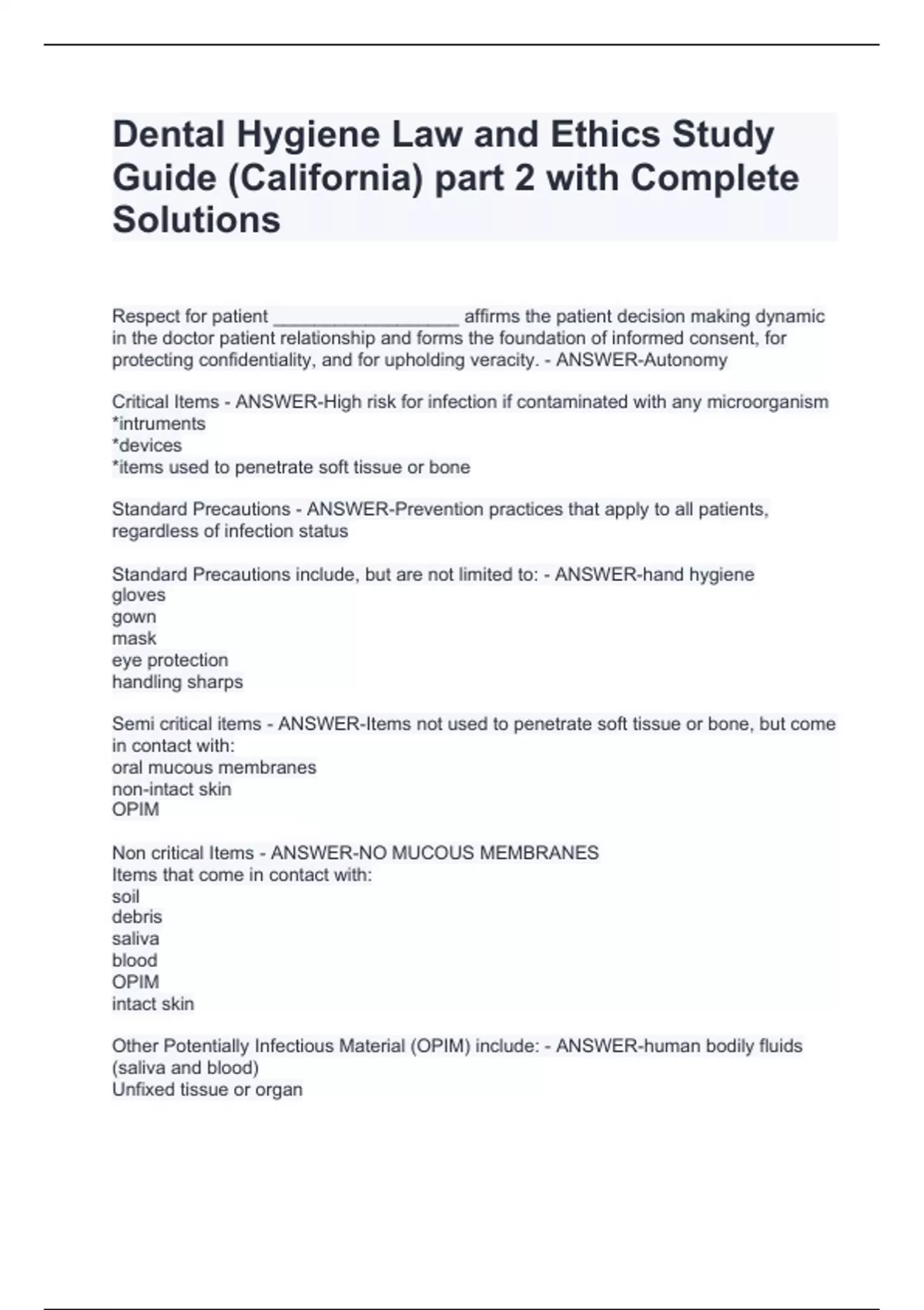 Dental Hygiene Law and Ethics Study Guide (California) part 2 with