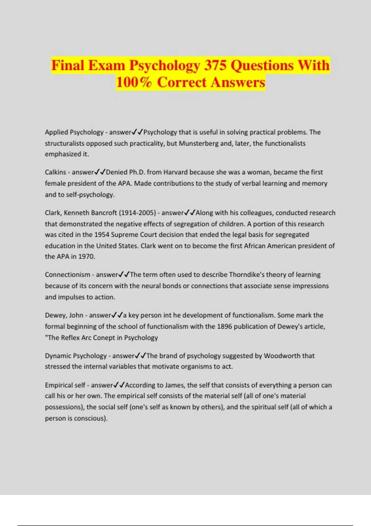 Final Exam Psychology 375 Questions With 100 Correct Answers Psych