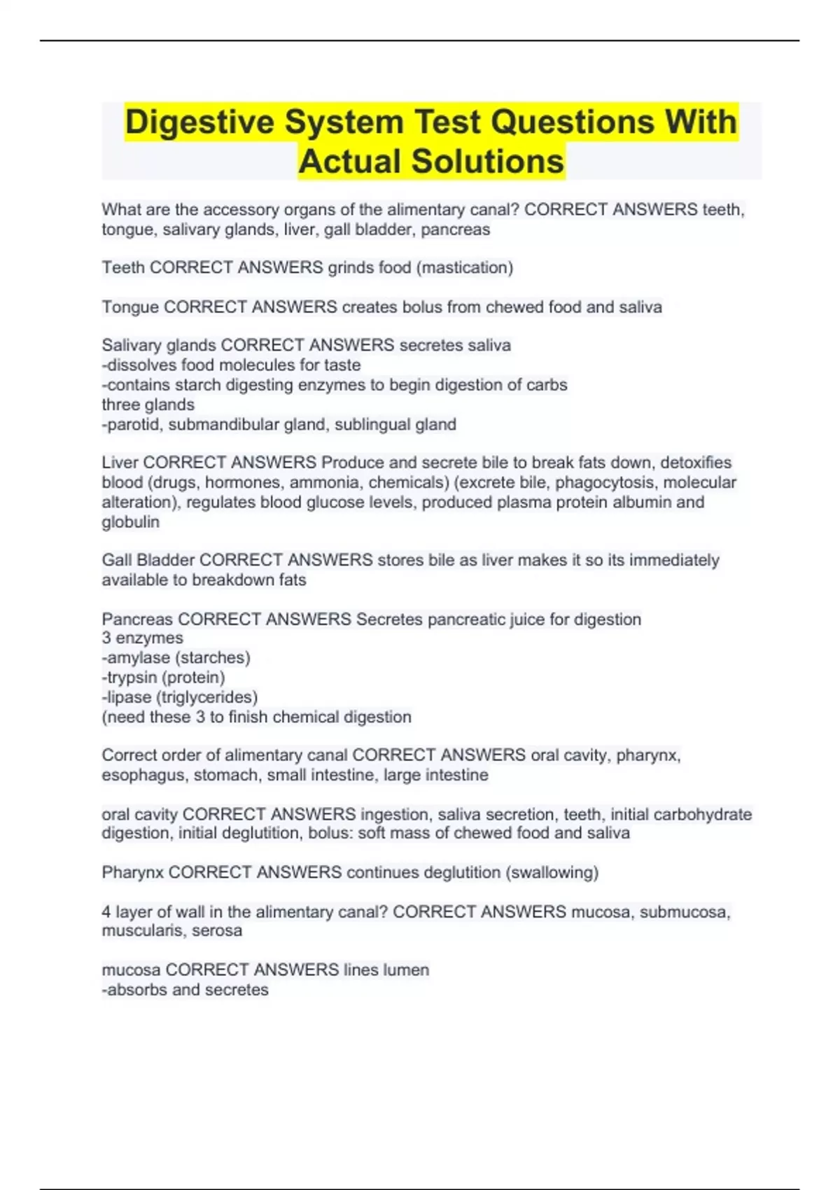 Digestive System Test Questions With Actual Solutions Digestive