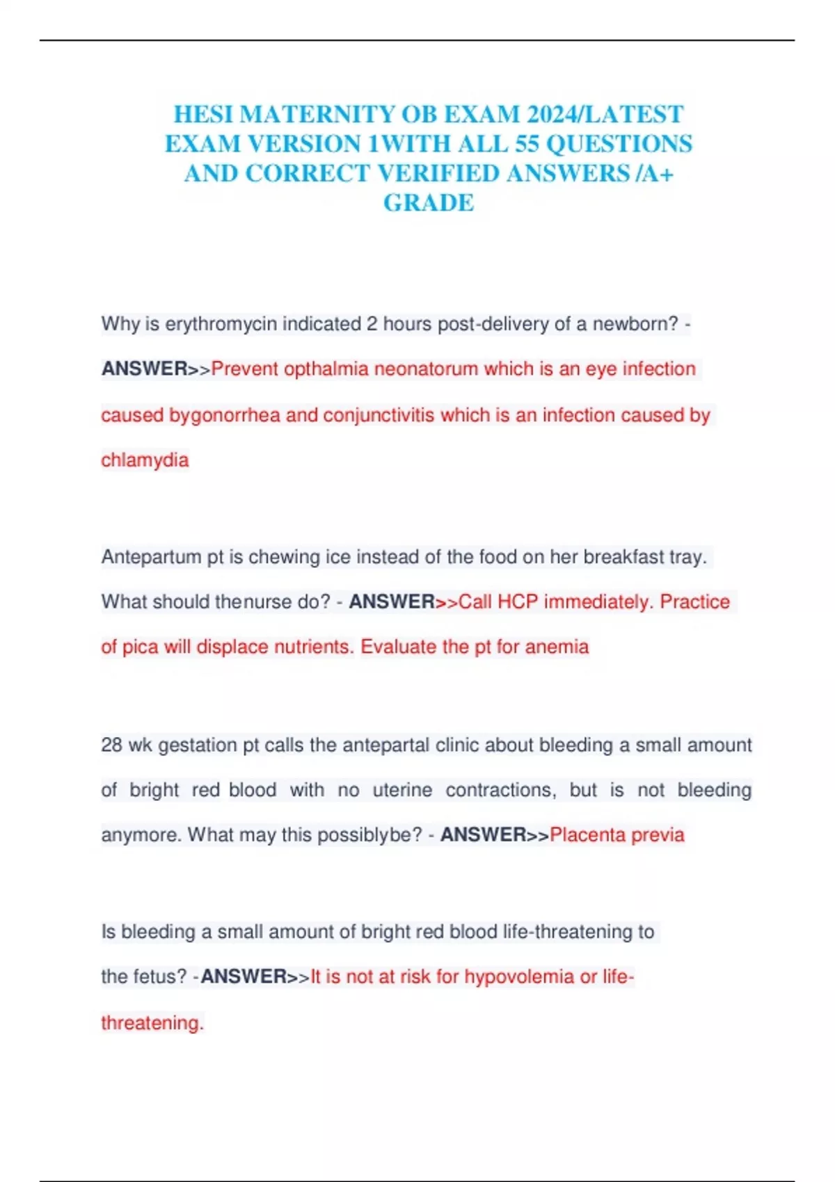 HESI MATERNITY OB EXAM 2024/LATEST EXAM VERSION 1WITH ALL 55 QUESTIONS ...