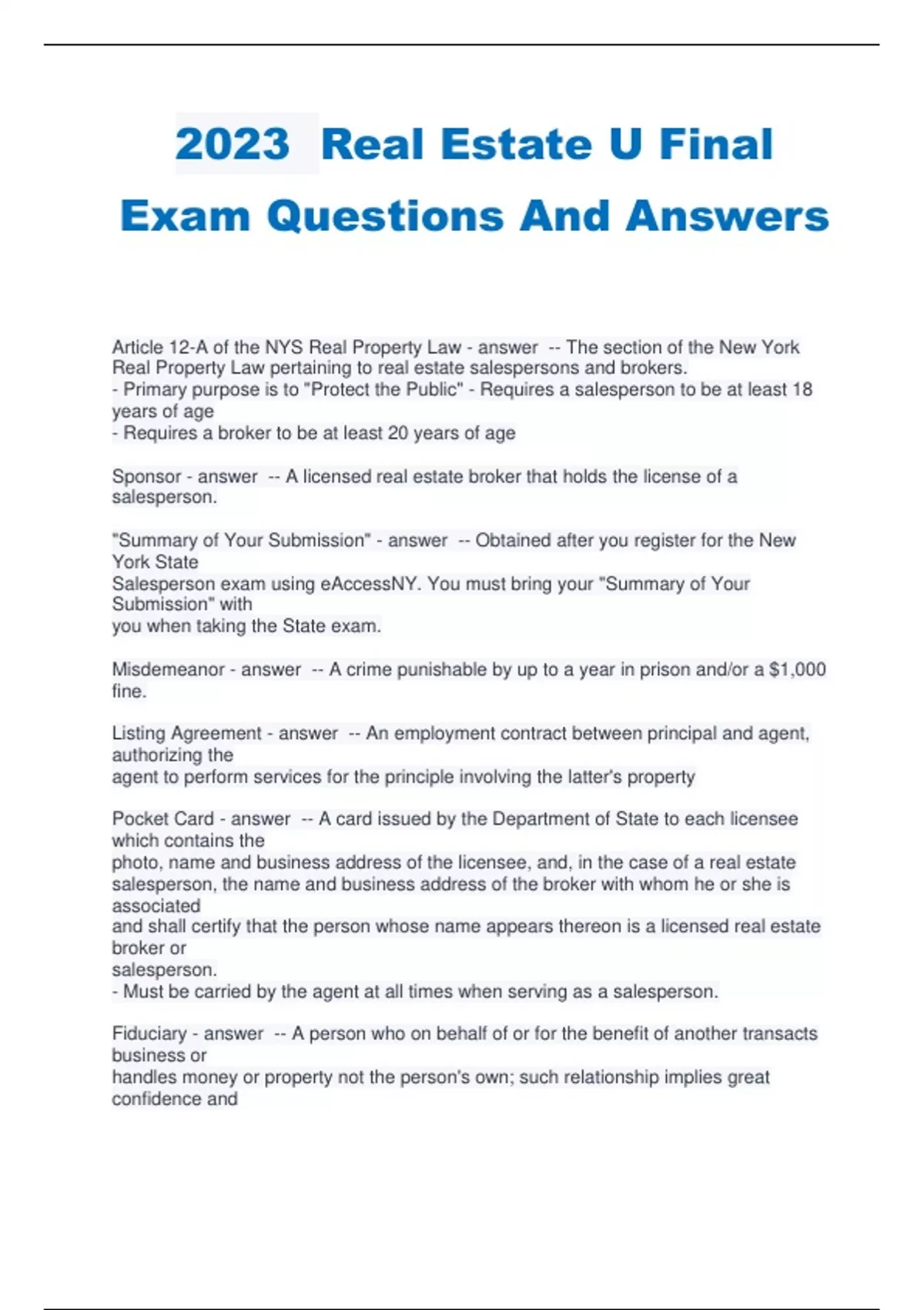 2023 Real Estate U Final Exam Questions And Answers - 2023 Real Estate - Stuvia US