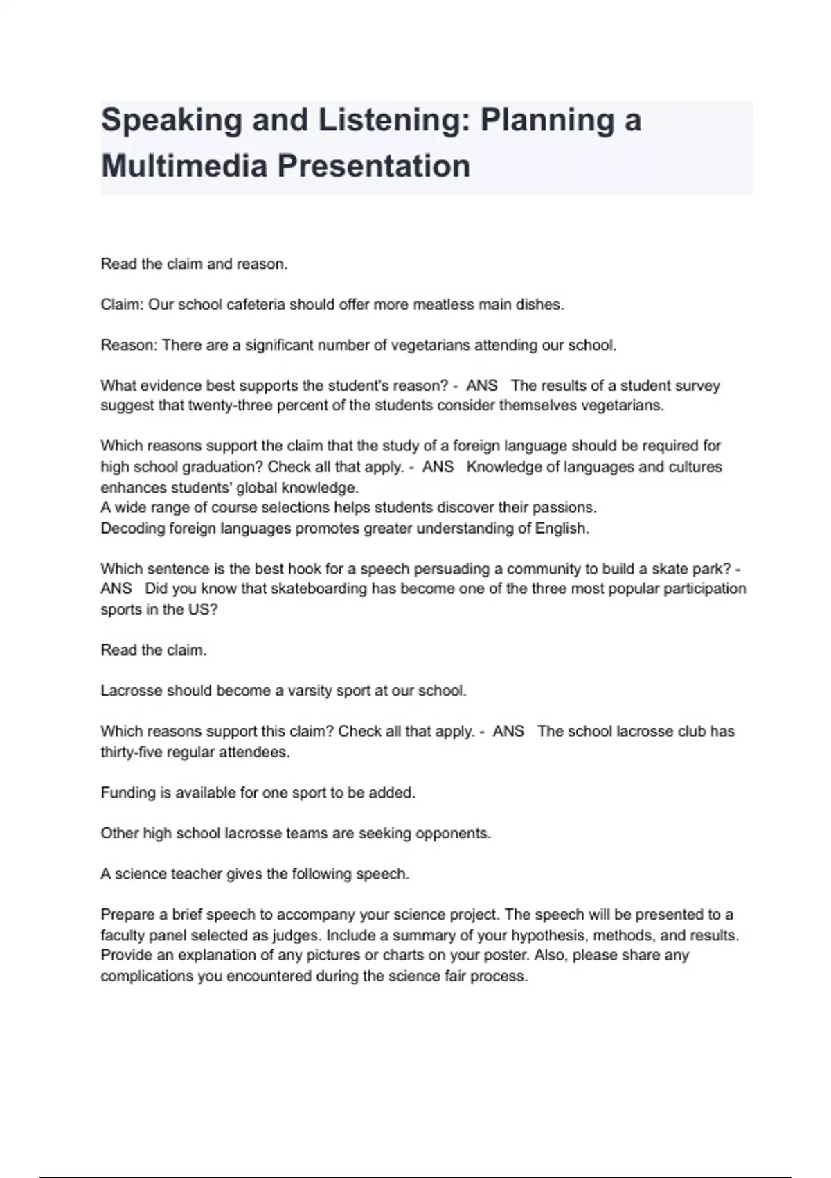 Speaking and Listening Planning a Multimedia Presentation Exam