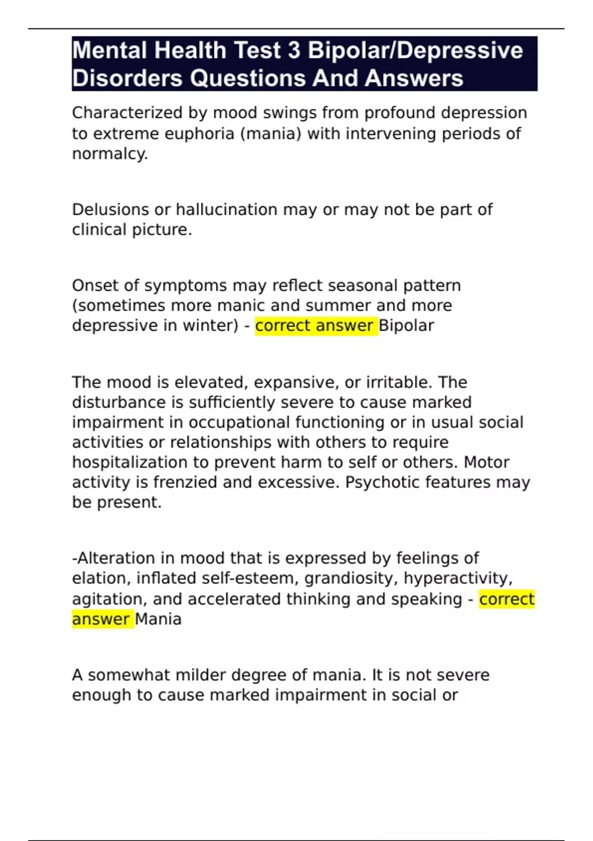Mental Health Test 3 Bipolar/Depressive Disorders Questions And Answers