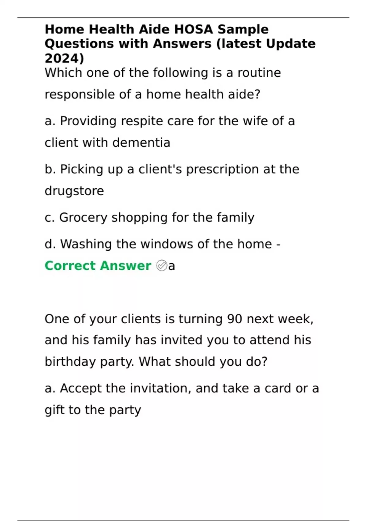 Summary Home Health Aide HOSA Sample Questions with Answers (latest