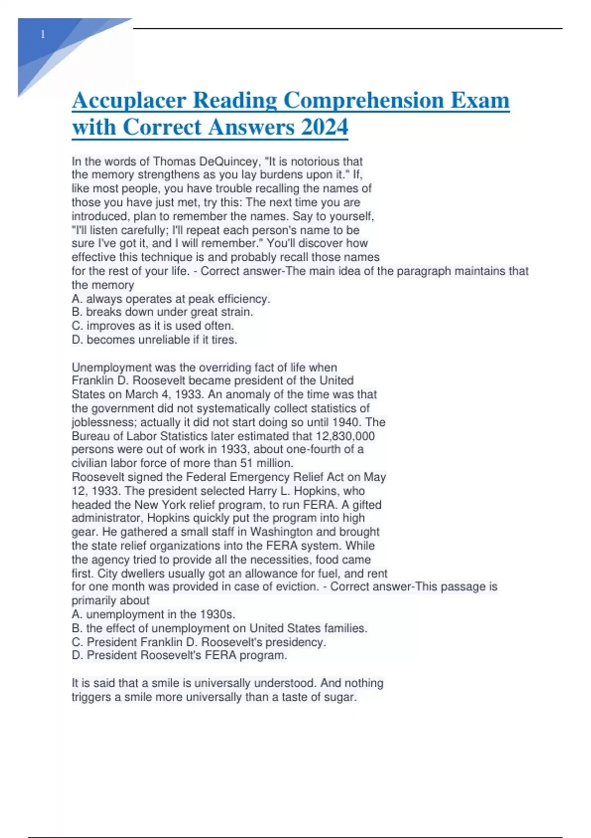 Accuplacer Reading Comprehension Exam with Correct Answers 2024 ...