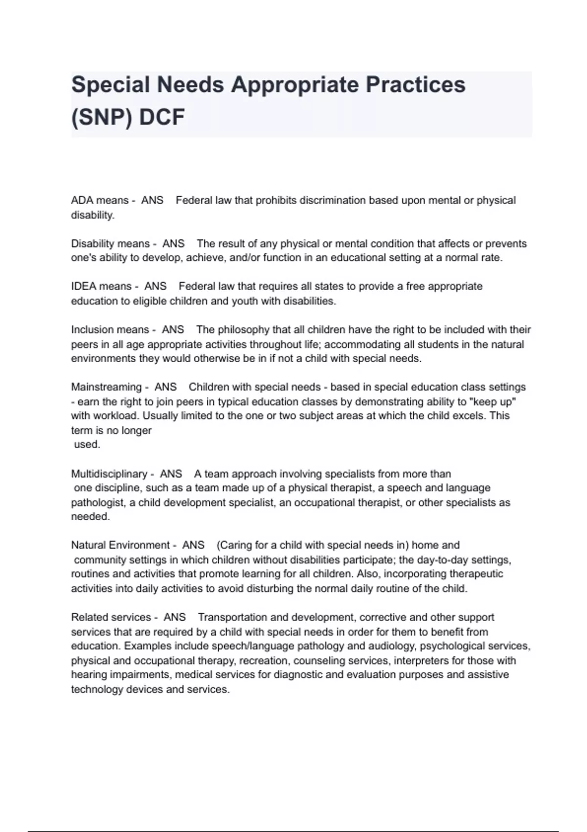 Special Needs Appropriate Practices (SNP) DCF Exam Questions And ...