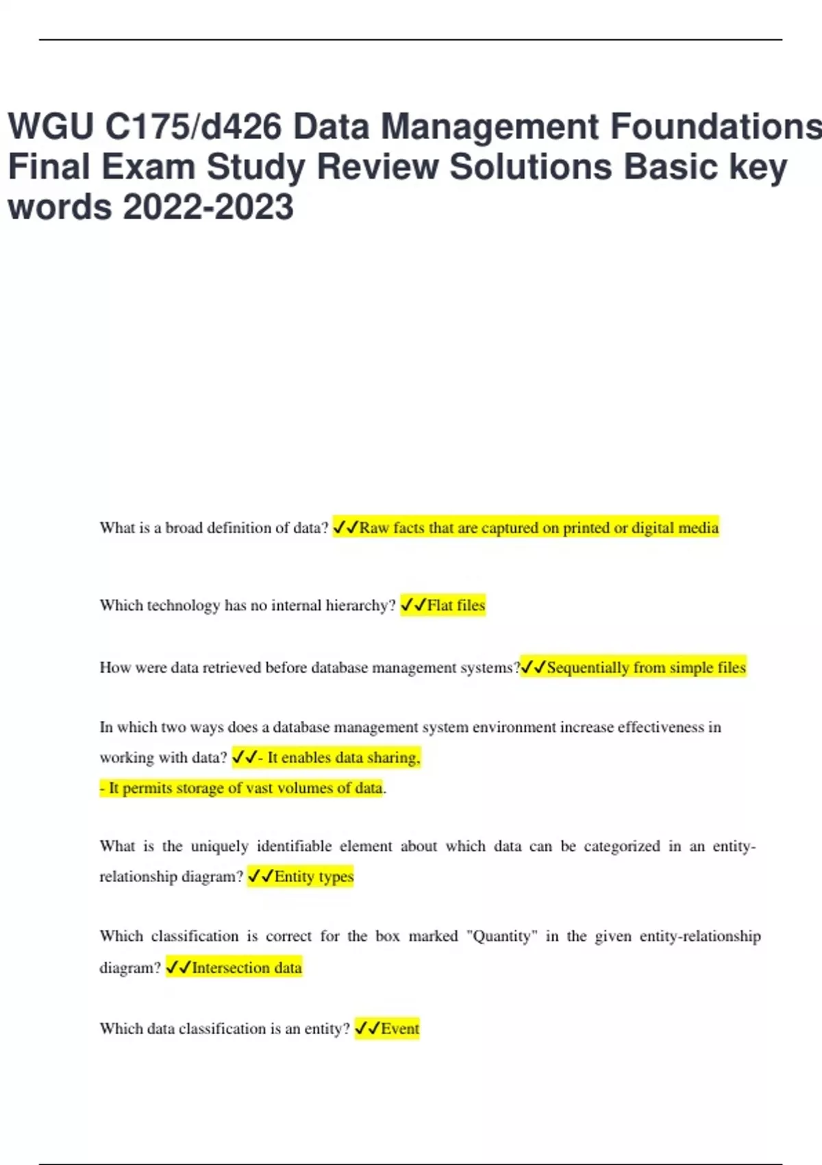 WGU C175/d426 Data Management Foundations Final Exam Study Review ...