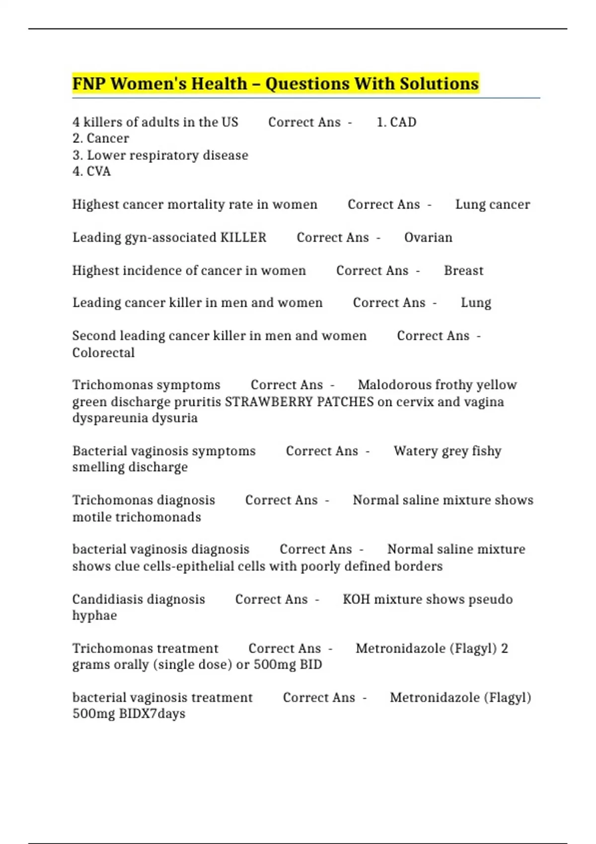 FNP Women's Health β Questions With Solutions - WOMENβS HEALTH - Stuvia US