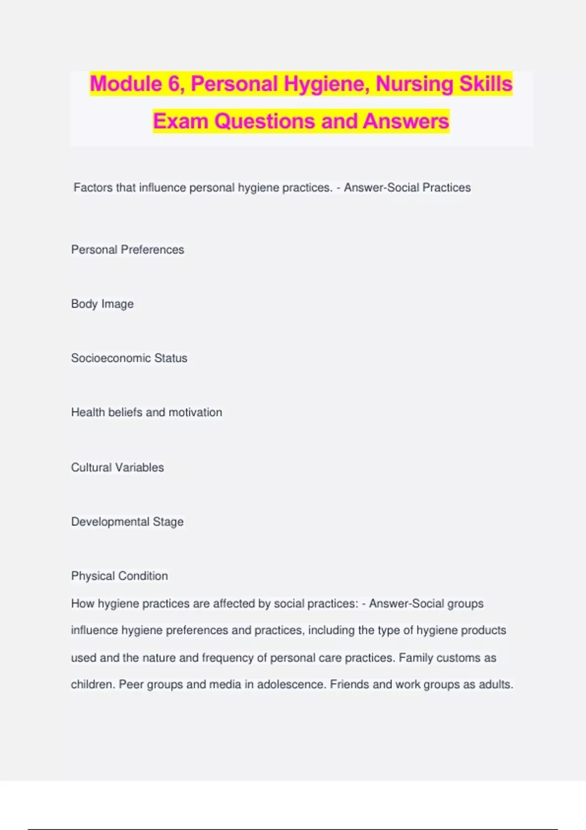 Module 6, Personal Hygiene, Nursing Skills Exam Questions and Answers
