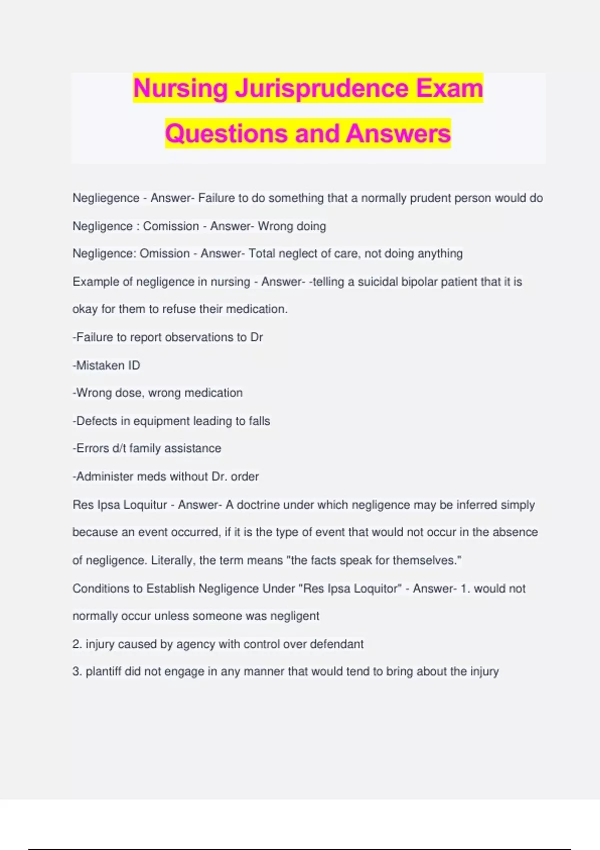 Nursing Jurisprudence Exam Questions and Answers Texas Nursing