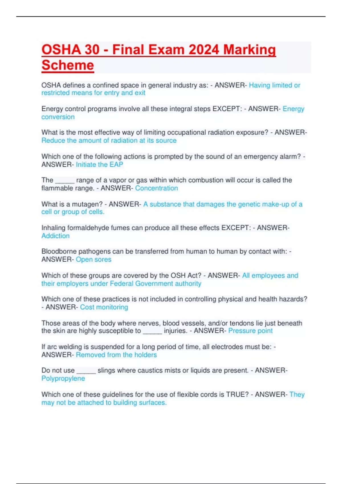 OSHA 30 - Final Exam 2024 Marking Scheme - OSHA 30 - Stuvia US